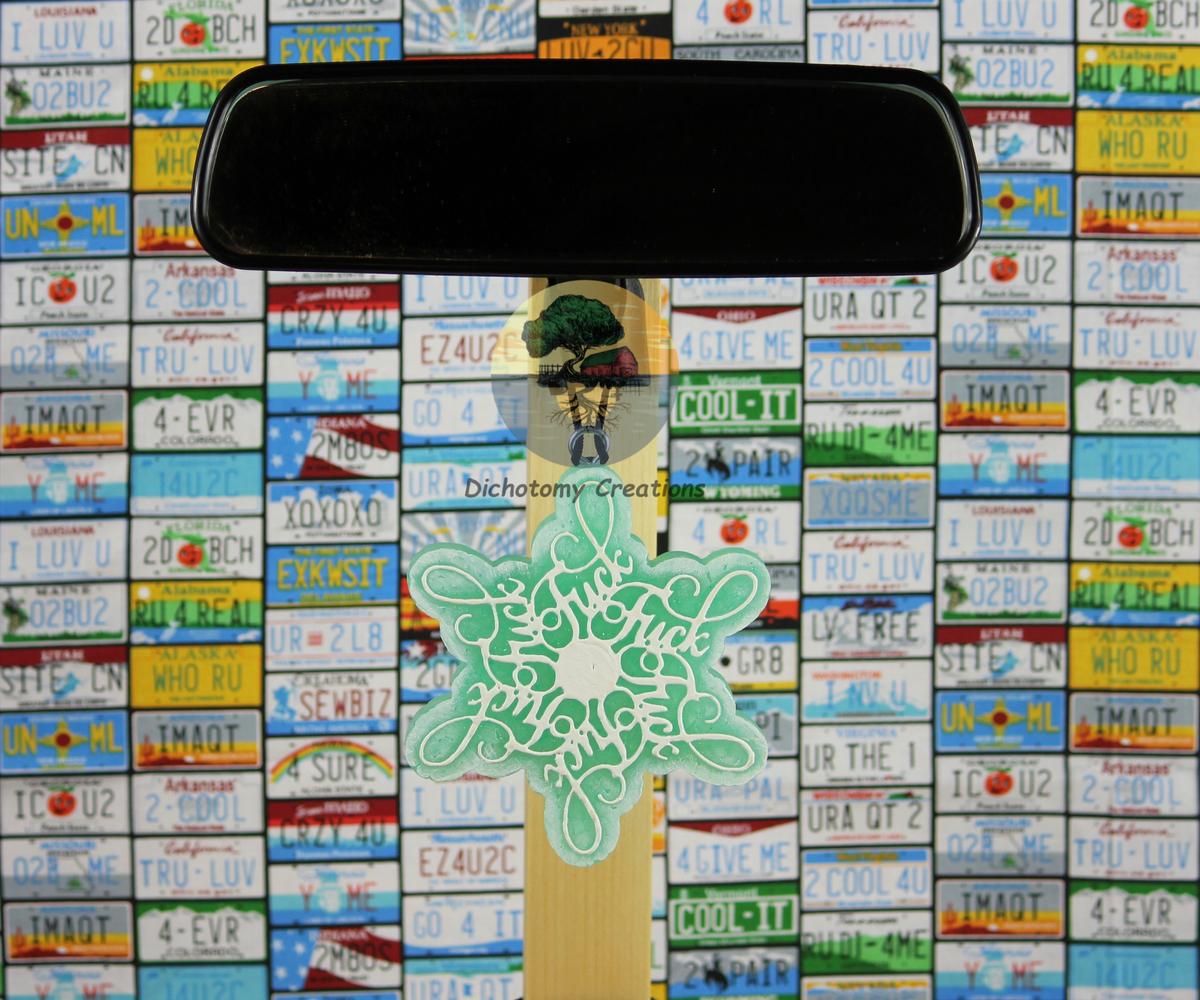 A light blue snowflake freshie, with the word "fuck" hidden in the design. Displayed from a rearview mirror with a background of colorful license plates.