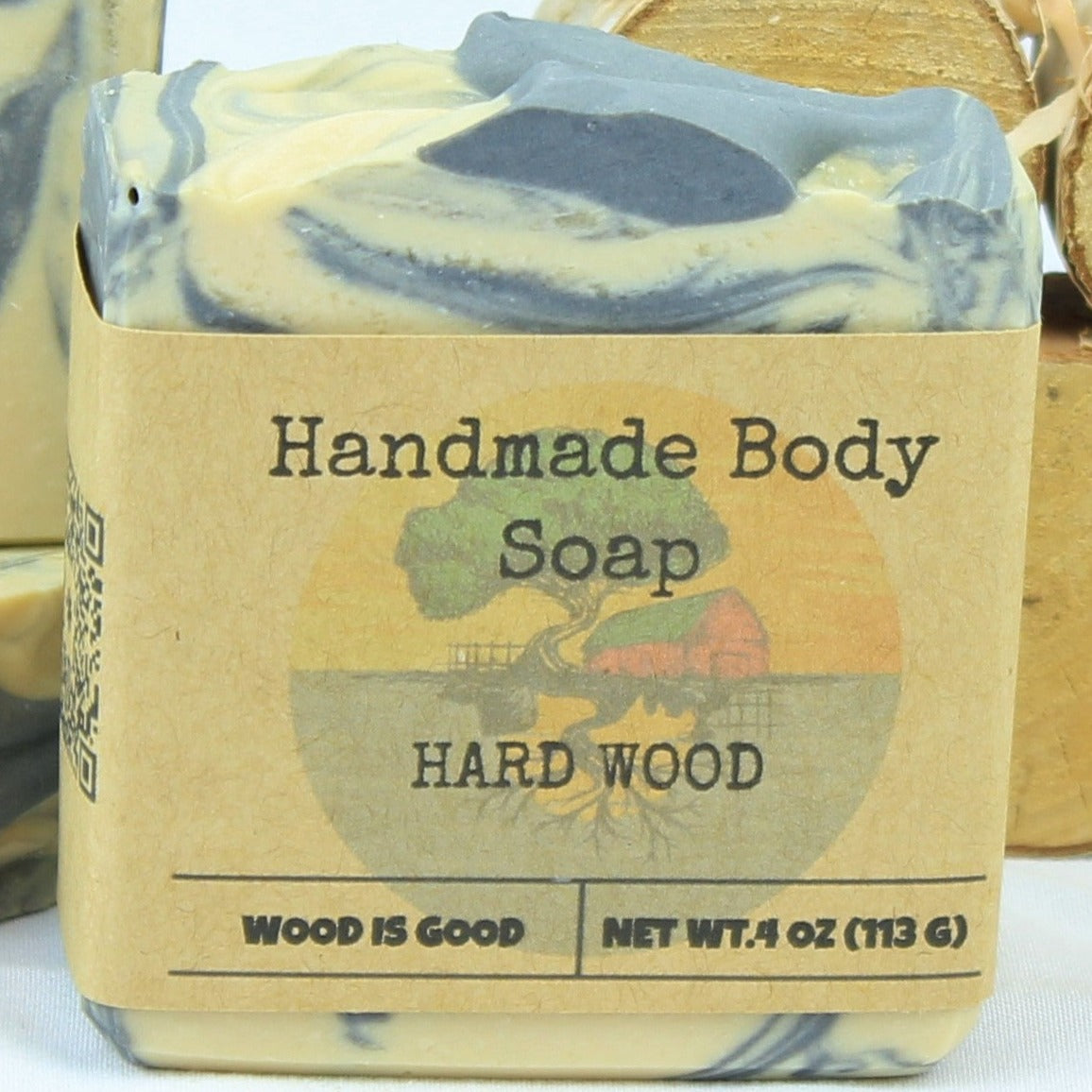 One 4oz bar soap, named Hard Wood, shown with label.