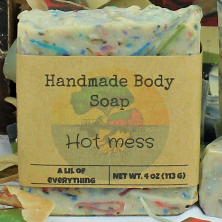 One 4oz bar of Hot Mess confetti soap, labeled.