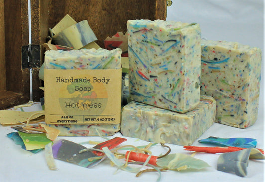Hot Mess confetti soap, 4oz bars, shown with soap shavings.