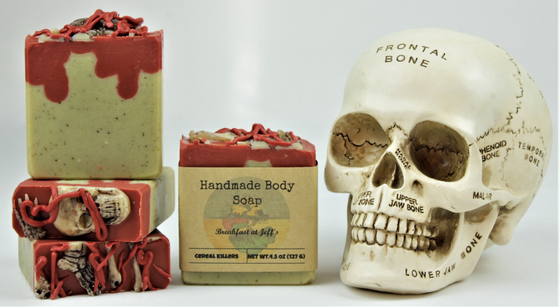 Four homemade 4.5oz bars of Breakfast at Jeff's. Displayed next to a skull with labeled bone sections.