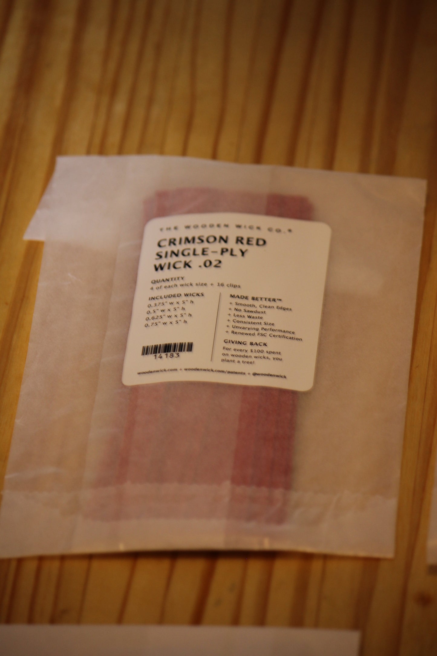 A package of Crimson Red Single-Ply Wood Wicks.