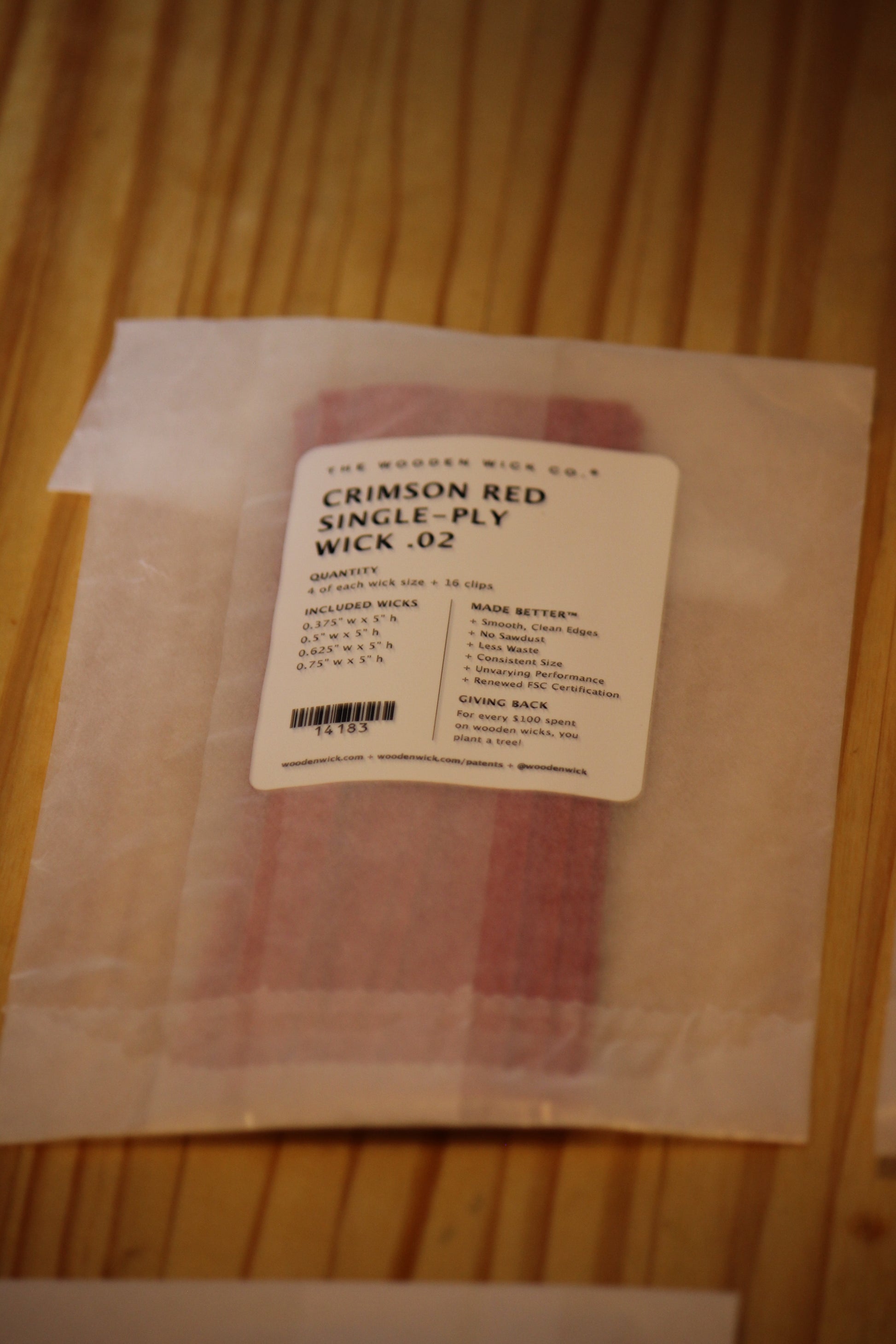 A package of Crimson Red Single-Ply Wood Wicks.