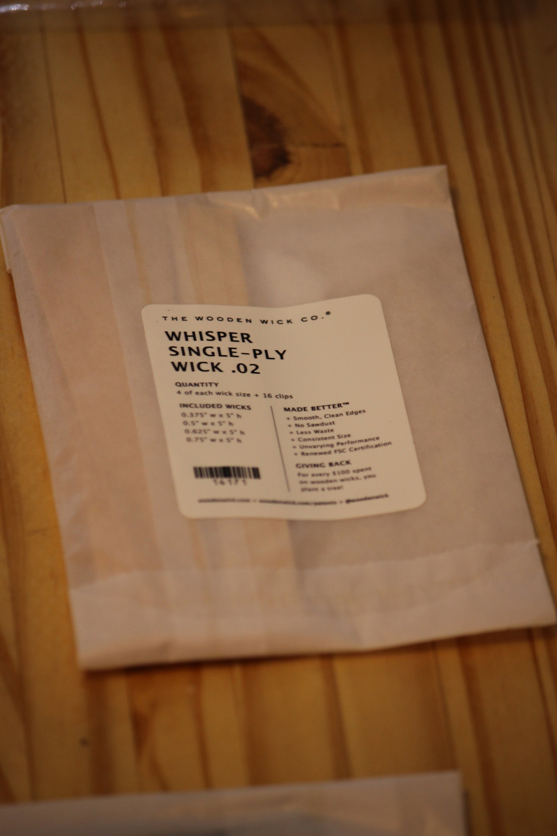 A single pack of WICK .02 single-ply wood wick material by The Wooden Wick Co.