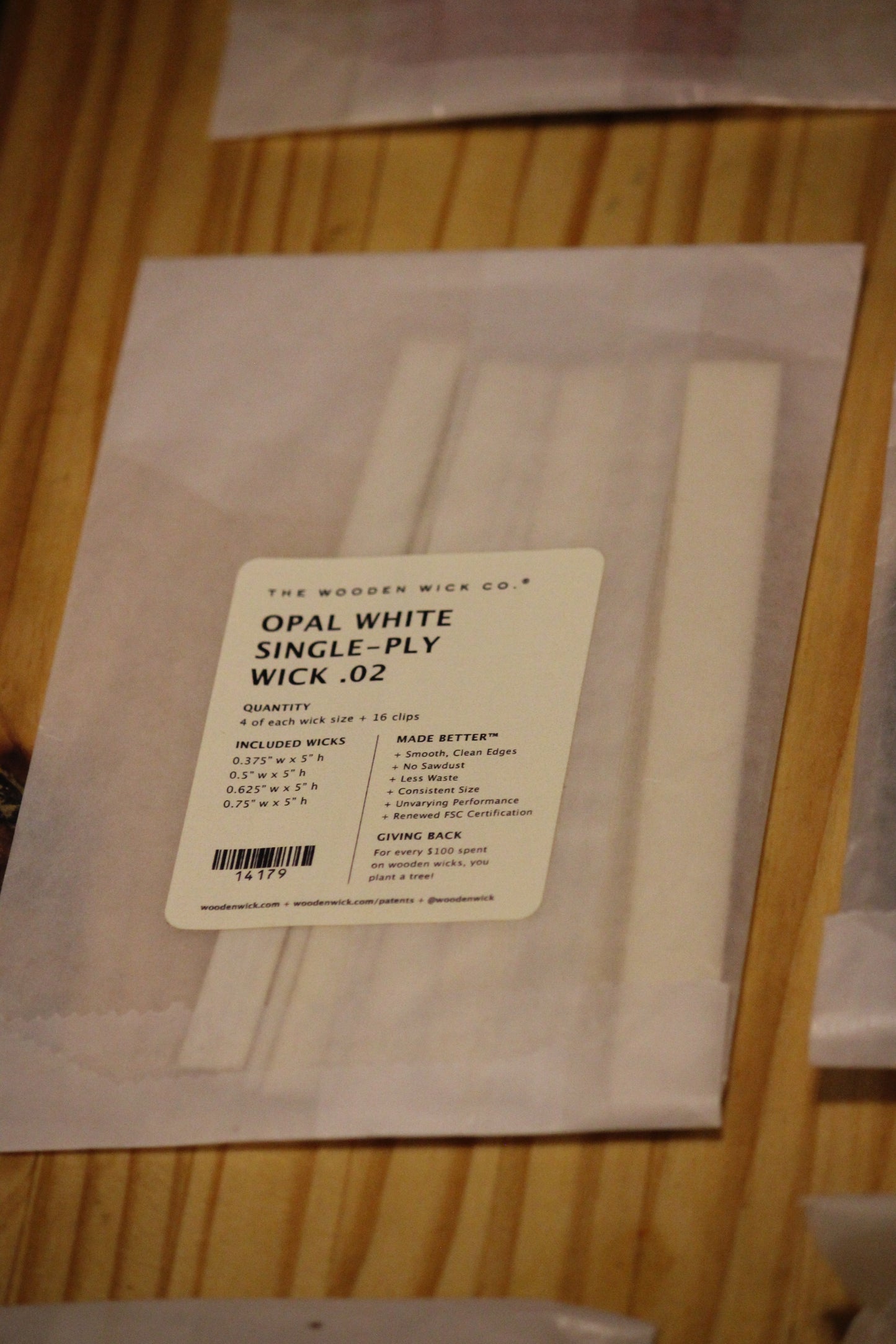 A package of Wick .02 single-ply wood wicks in the color Opal White, from The Wooden Wick Co.
