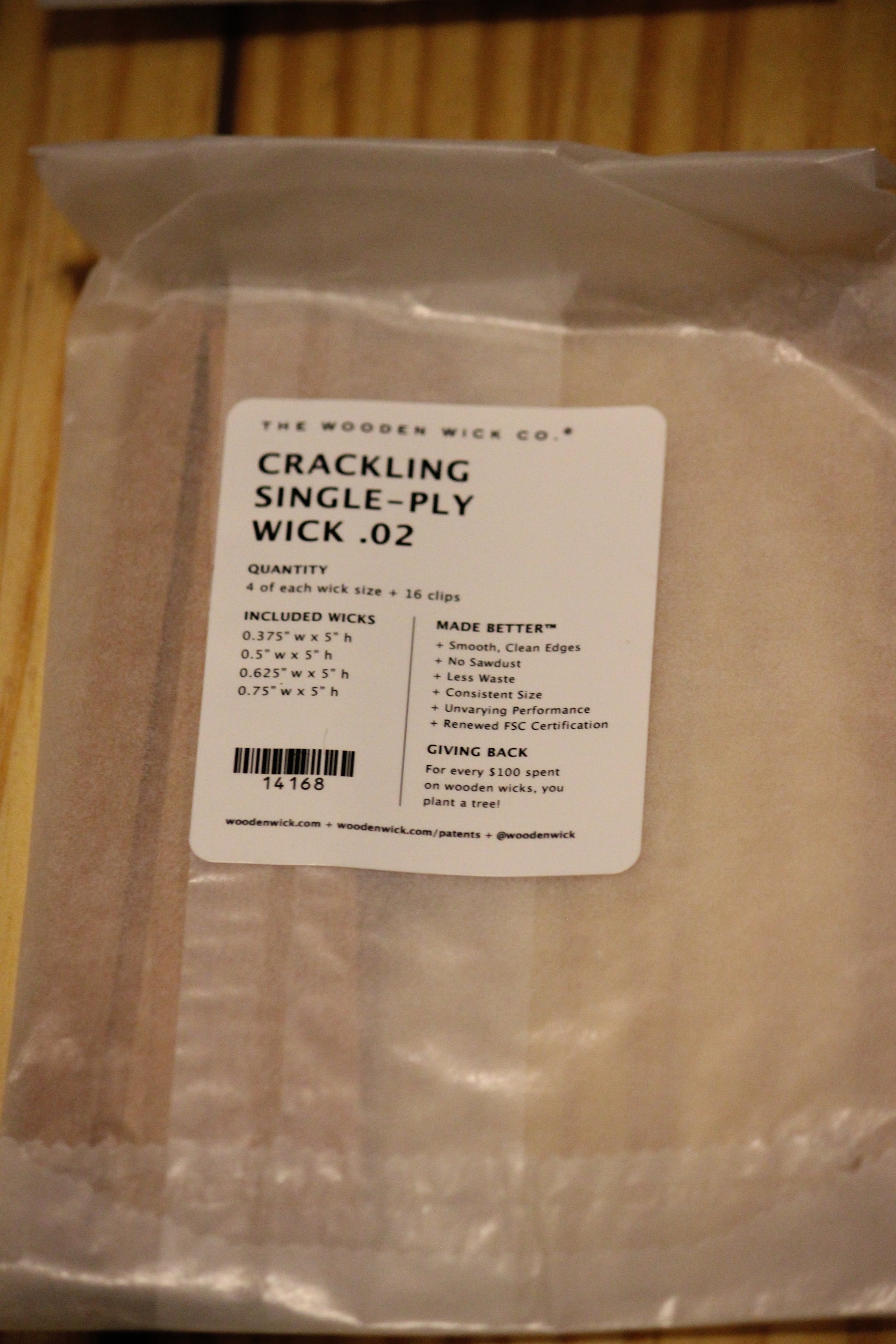 A package of The Wooden Wick Co. Crackling Single-Ply Wick .