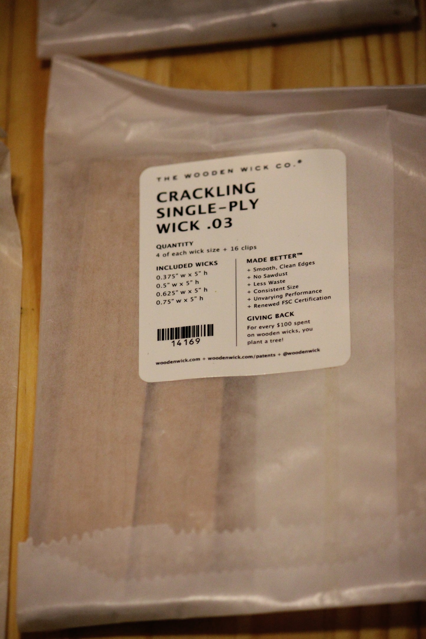 A package of Wick .03 crackling single-ply wood wicks by The Wooden Wick Co.