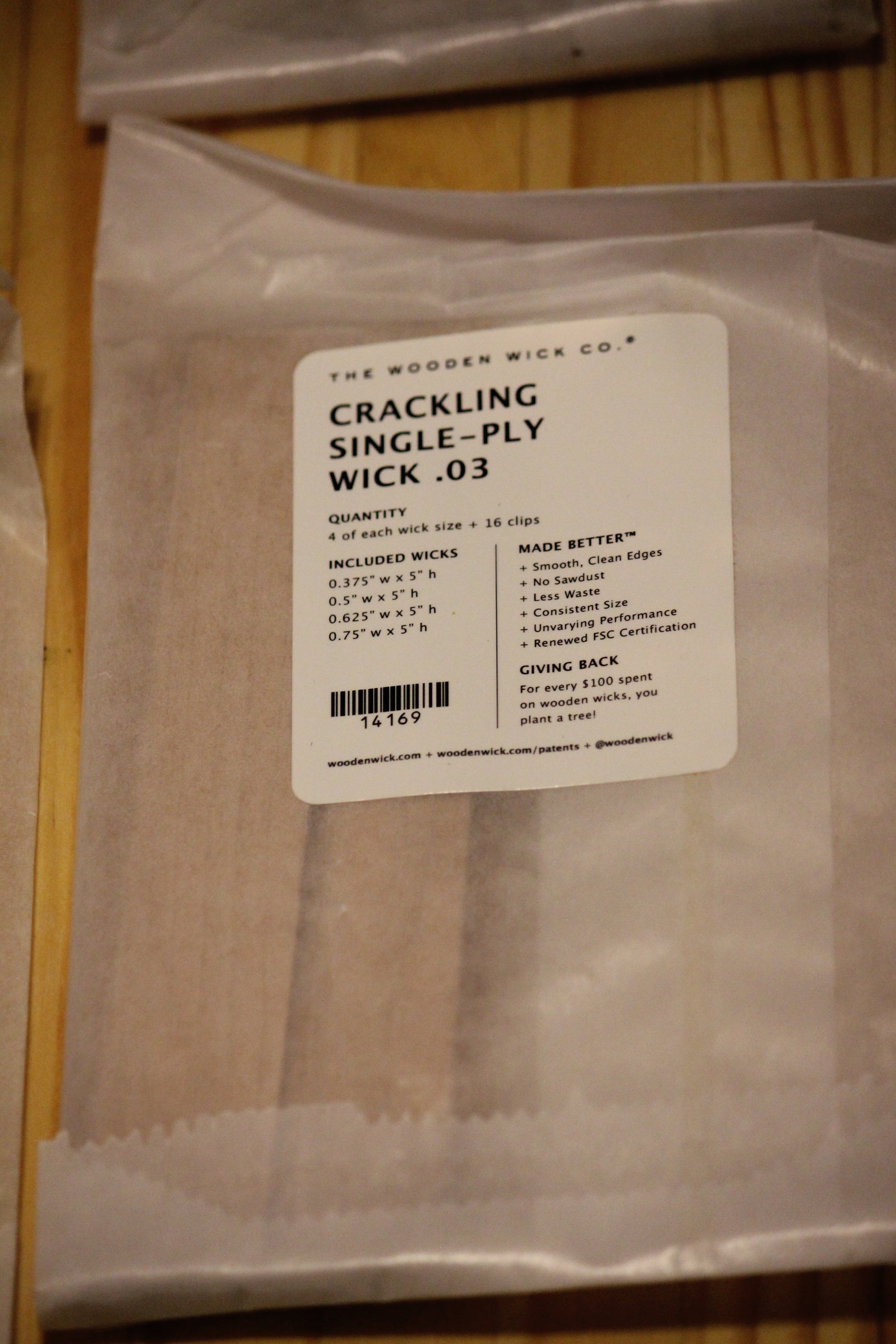 A package of Wick .03 crackling single-ply wood wicks by The Wooden Wick Co.