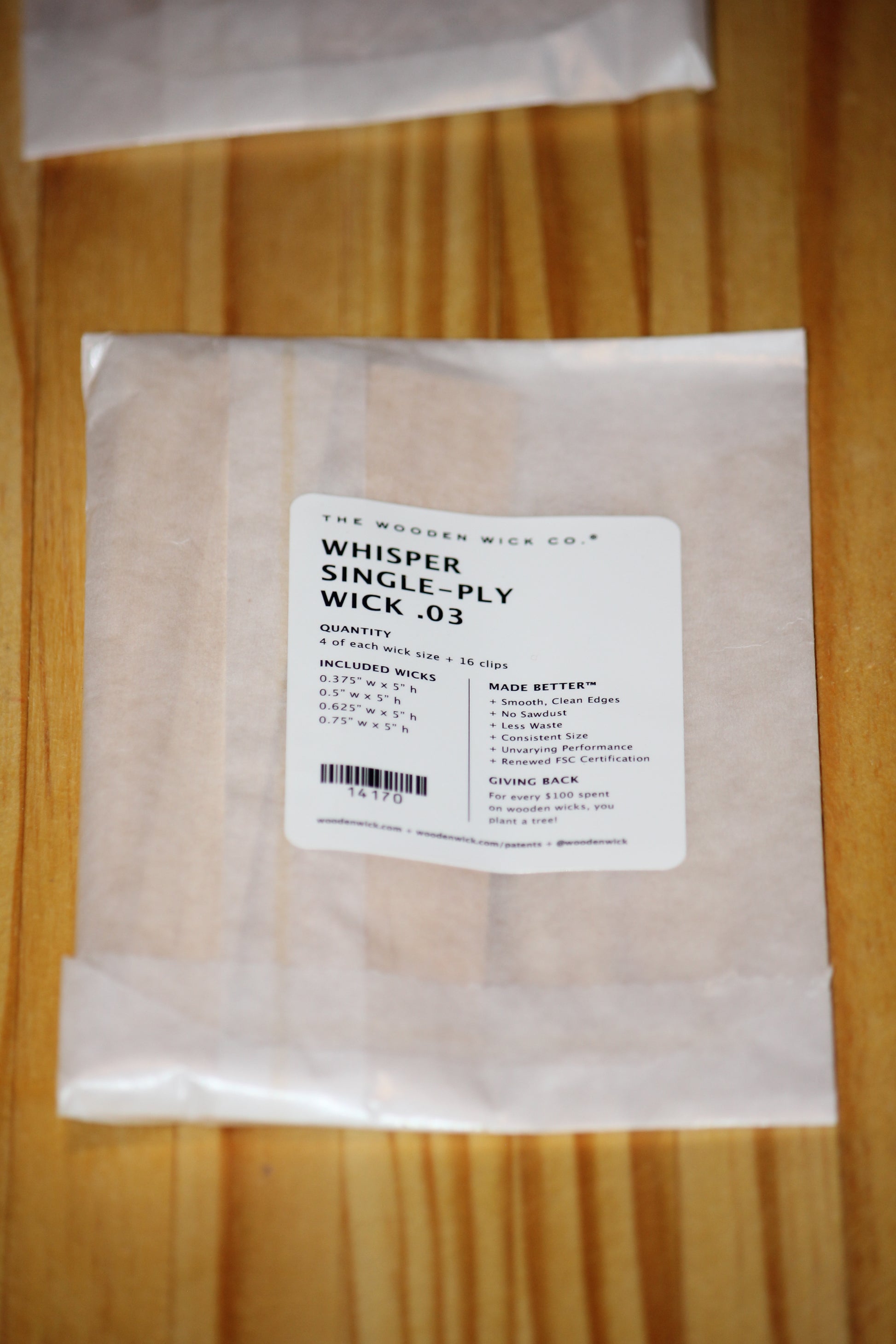 A single pack of Whisper Single-Ply Wick .03 from The Wooden Wick Co.