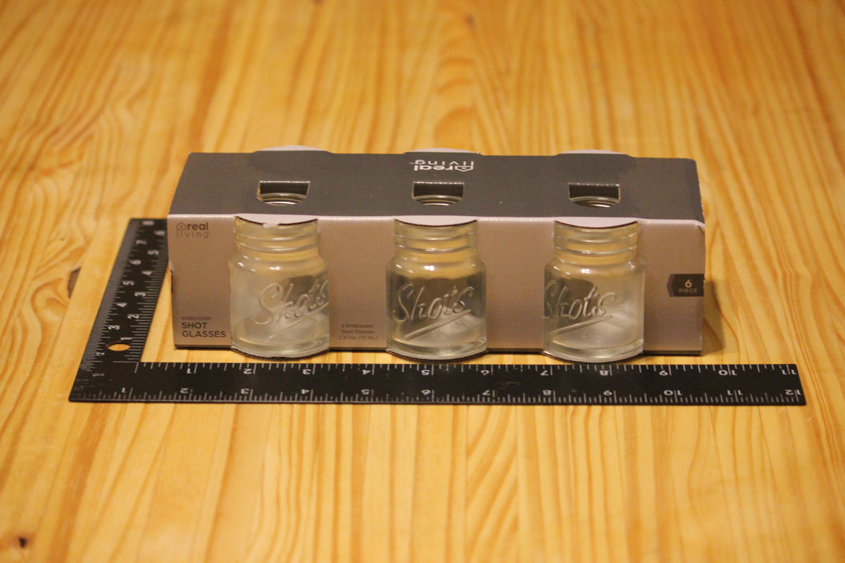 Set of 6 shot glasses, mason jar style, with Shots across the front. 