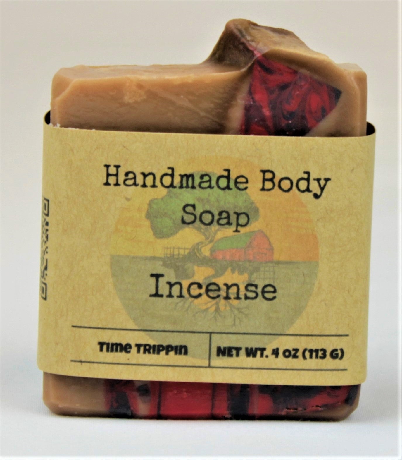 One 4oz labeled bar of handmade soap, named Incense. 